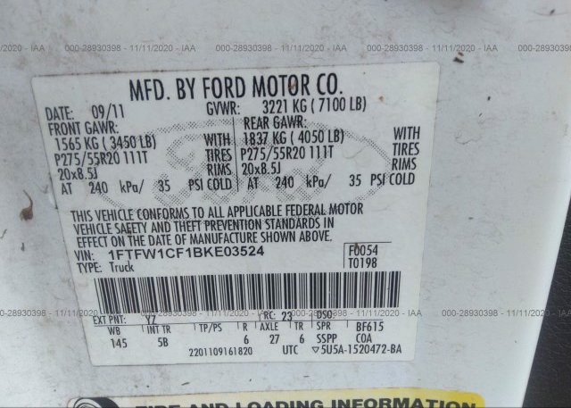 1FTFW1CF1BKE03524 2011 FORD F-150