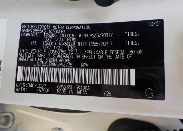 2022 TOYOTA 4RUNNER(VIN: JTERU5JR8N5993775