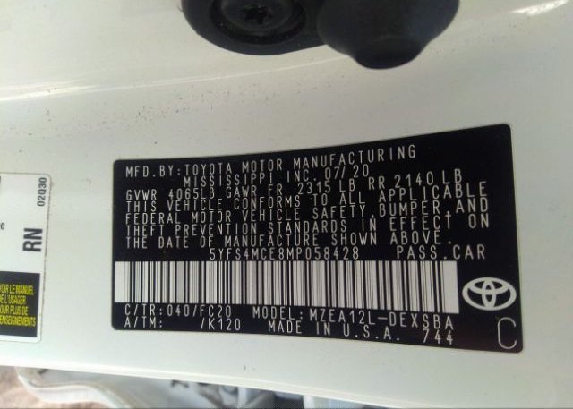2021 TOYOTA COROLLA(VIN: 5YFS4MCE8MP058428