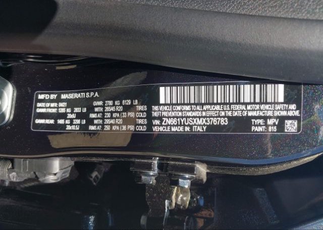 2021 MASERATI LEVANTE(VIN: ZN661YUSXMX376783