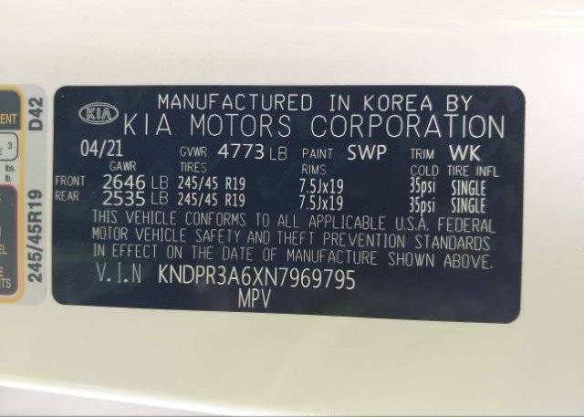 2022 KIA SPORTAGE(VIN: KNDPR3A6XN7969795