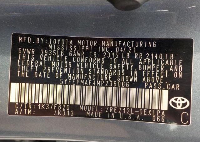 2021 TOYOTA COROLLA(VIN: 5YFEPMAE4MP236066