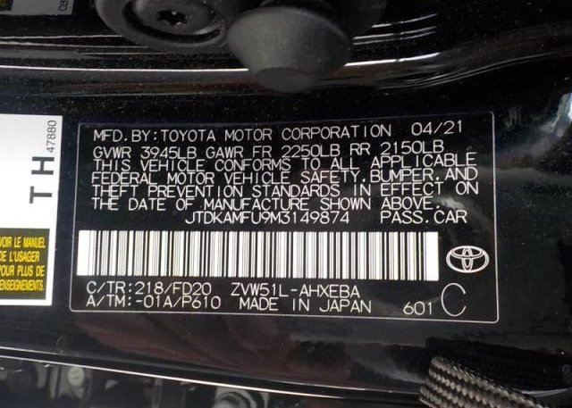 2021 TOYOTA PRIUS(VIN: JTDKAMFU9M3149874