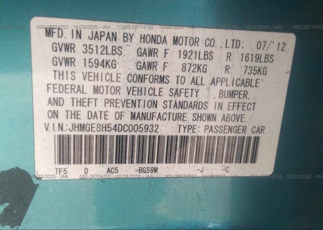 JHMGE8H54DC005932 2013 HONDA FIT