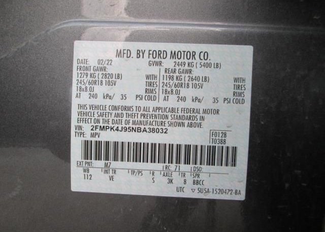 2022 FORD EDGE(VIN: 2FMPK4J95NBA38032