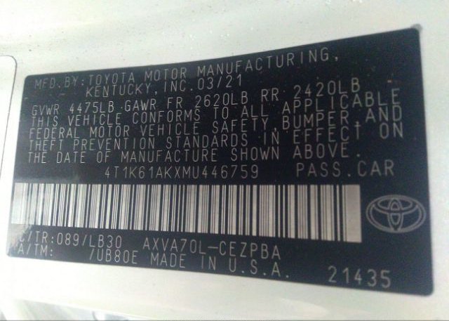 2021 TOYOTA CAMRY(VIN: 4T1K61AKXMU446759