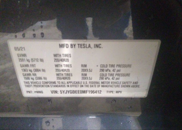 2021 TESLA MODEL Y(VIN: 5YJYGDEE0MF196412