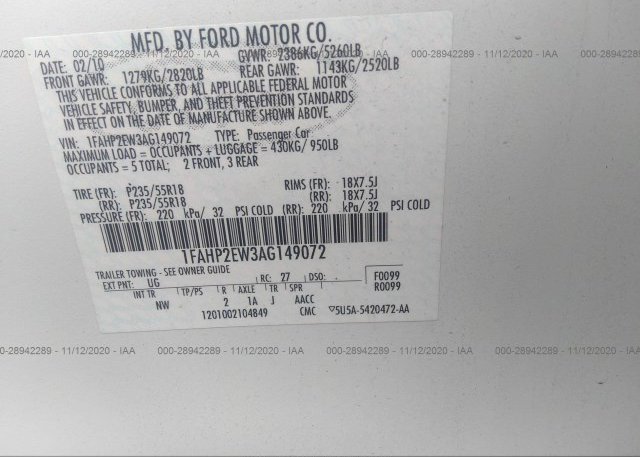 1FAHP2EW3AG149072 2010 FORD TAURUS