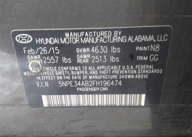 5NPE34AB2FH196474 2015 HYUNDAI SONATA