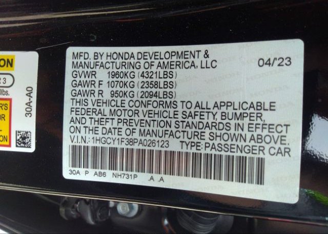 2023 HONDA ACCORD SEDAN(VIN: 1HGCY1F38PA026123