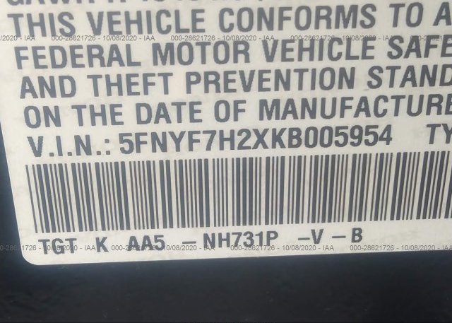 5FNYF7H2XKB005954 2019 HONDA PASSPORT