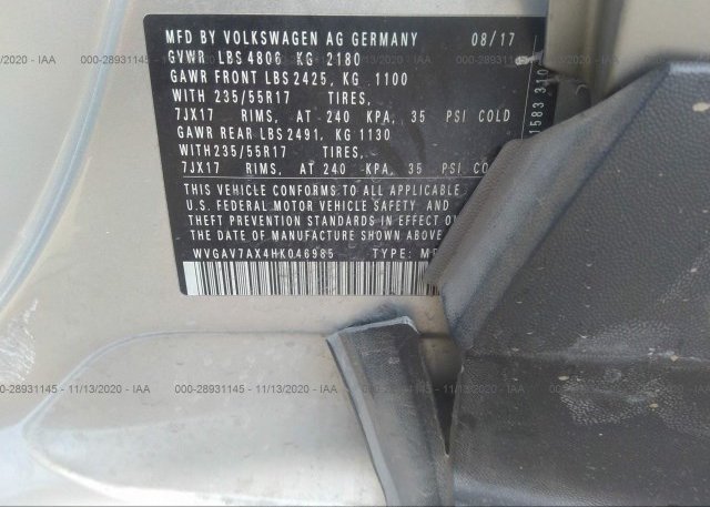 WVGAV7AX4HK046985 2017 VOLKSWAGEN TIGUAN