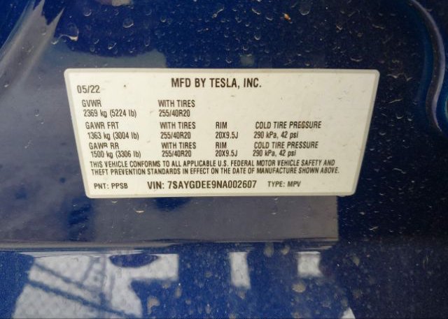 2022 TESLA MODEL Y(VIN: 7SAYGDEE9NA002607