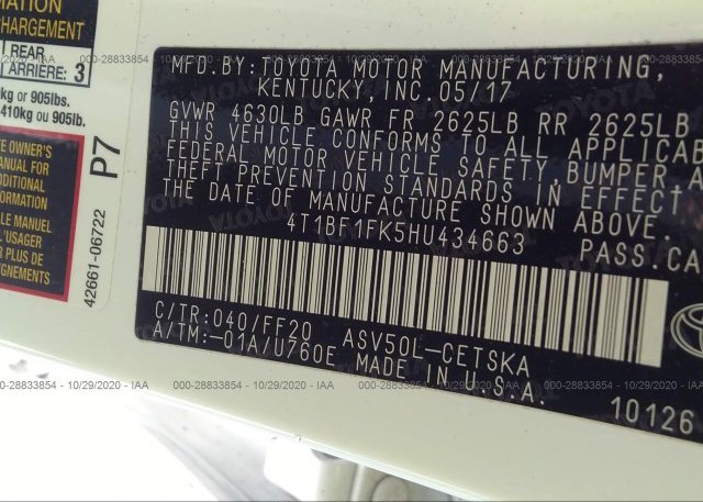 4T1BF1FK5HU434663 2017 TOYOTA CAMRY