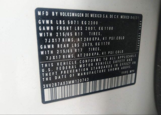 2021 VOLKSWAGEN TIGUAN(VIN: 3VV2B7AX3MM120743