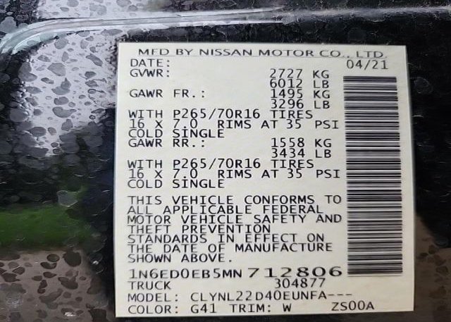 2021 NISSAN FRONTIER(VIN: 1N6ED0EB5MN712806