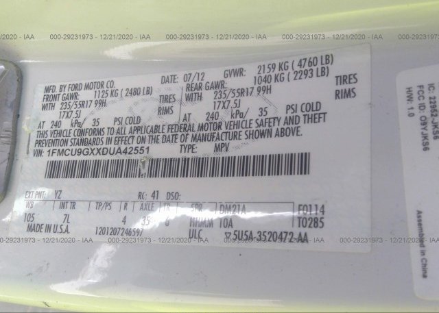 1FMCU9GXXDUA42551 2013 FORD ESCAPE