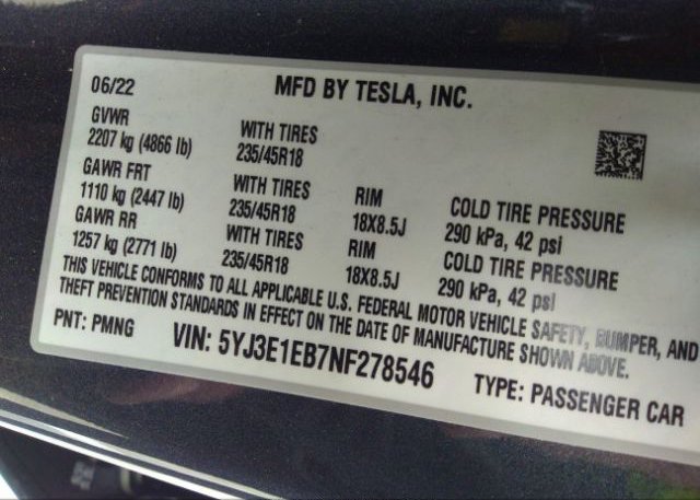 2022 TESLA MODEL 3(VIN: 5YJ3E1EB7NF278546