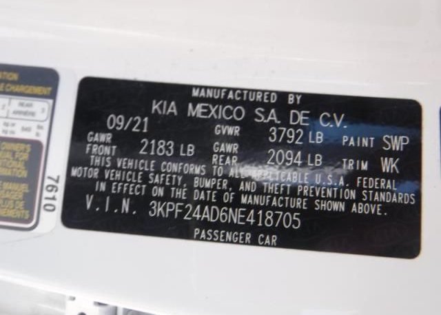 2022 KIA FORTE(VIN: 3KPF24AD6NE418705