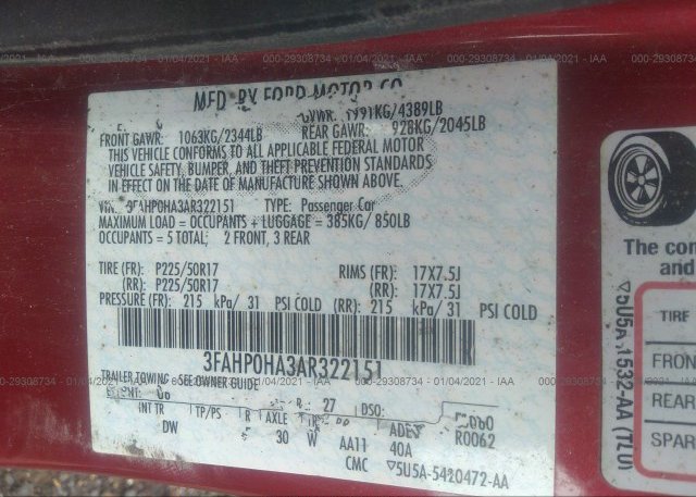 3FAHP0HA3AR322151 2010 FORD FUSION