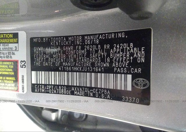 4T1B61HKXJU131641 2018 TOYOTA CAMRY