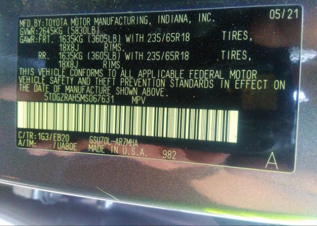 2021 TOYOTA HIGHLANDER(VIN: 5TDGZRAH5MS067631