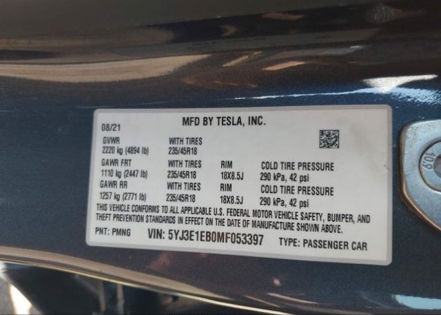 2021 TESLA MODEL 3(VIN: 5YJ3E1EB0MF053397