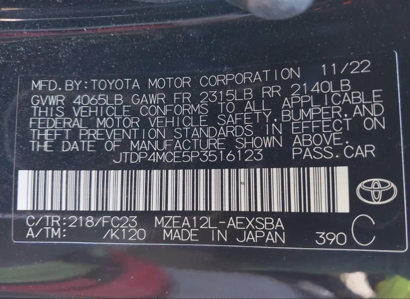 2023 TOYOTA COROLLA SE(VIN: JTDP4MCE5P3516123