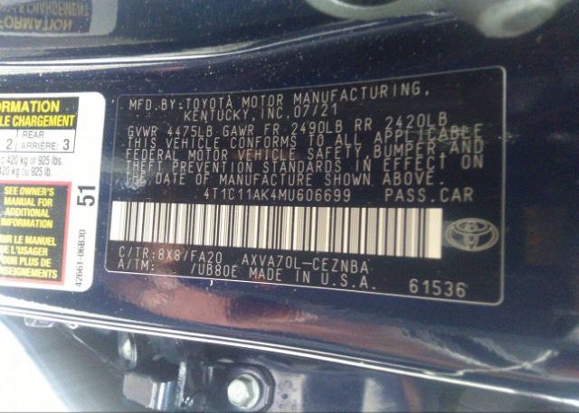 2021 TOYOTA CAMRY(VIN: 4T1C11AK4MU606699
