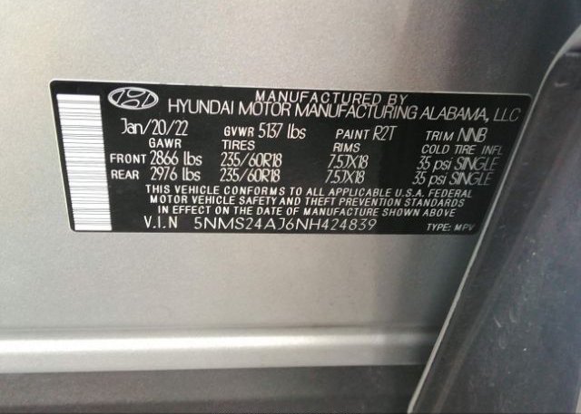 2022 HYUNDAI SANTA FE(VIN: 5NMS24AJ6NH424839
