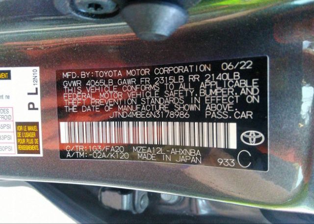 2022 TOYOTA COROLLA HATCHBACK(VIN: JTND4MBE6N3178986