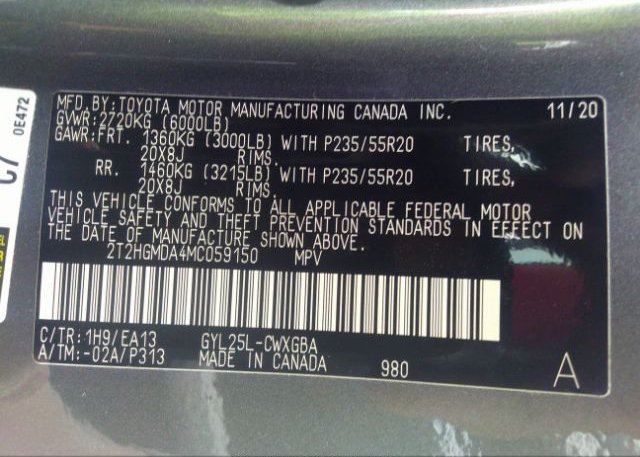 2021 LEXUS RX(VIN: 2T2HGMDA4MC059150