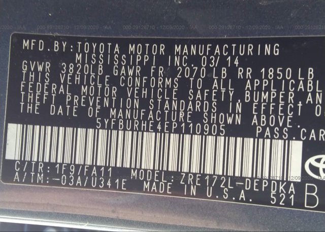 5YFBURHE4EP110905 2014 TOYOTA COROLLA