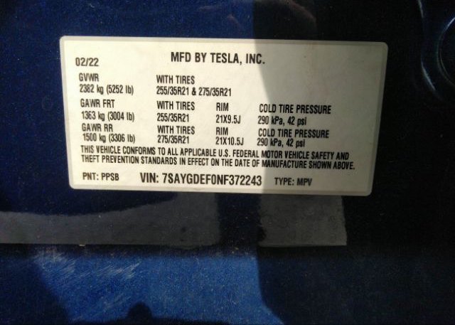 2022 TESLA MODEL Y(VIN: 7SAYGDEF0NF372243