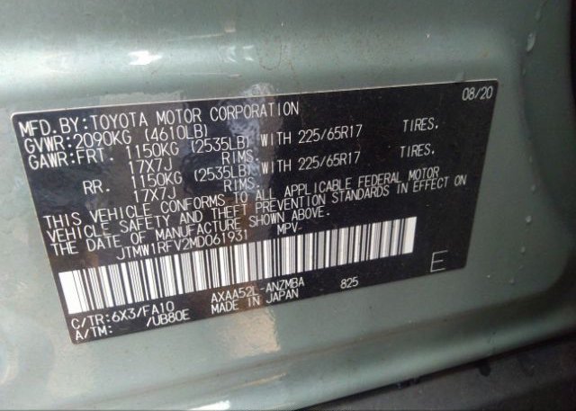 2021 TOYOTA RAV4(VIN: JTMW1RFV2MD061931