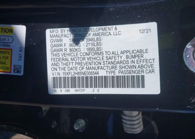 2022 HONDA CIVIC HATCHBACK(VIN: 19XFL2H85NE006544