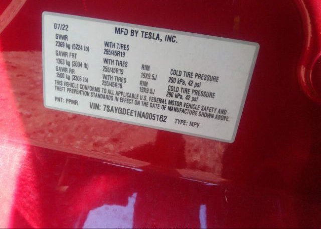 2022 TESLA MODEL Y(VIN: 7SAYGDEE1NA005162