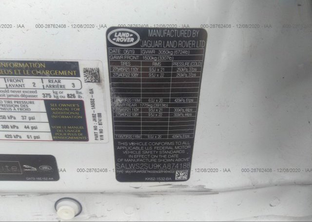 SALWS2SU9KA874188 2019 LAND ROVER RANGE ROVER SPORT