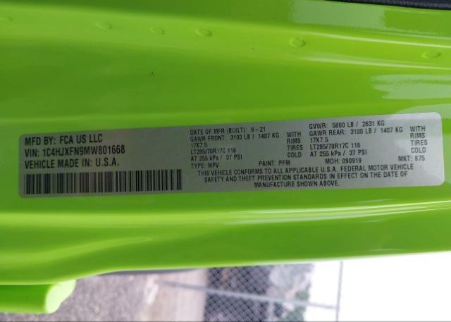 2021 JEEP WRANGLER(VIN: 1C4HJXFN9MW801668