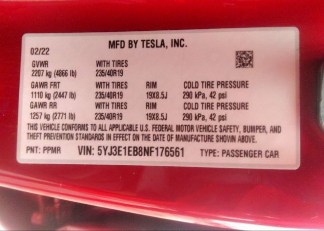 2022 TESLA MODEL 3(VIN: 5YJ3E1EB8NF176561