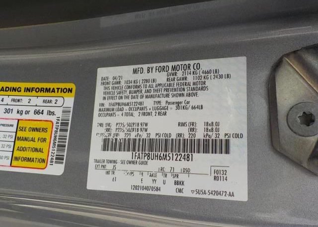 2021 FORD MUSTANG(VIN: 1FATP8UH6M5122481