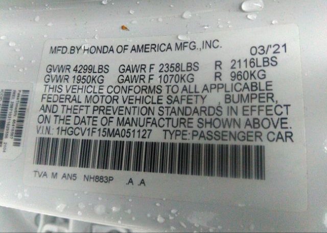 2021 HONDA ACCORD SEDAN(VIN: 1HGCV1F15MA051127