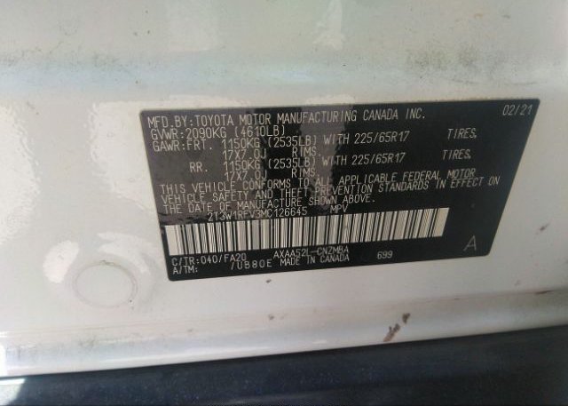 2021 TOYOTA RAV4(VIN: 2T3W1RFV3MC126645