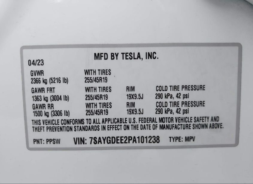 2023 TESLA MODEL Y AWD/LONG RANGE DUAL MOTOR ALL-W(VIN: 7SAYGDEE2PA101238