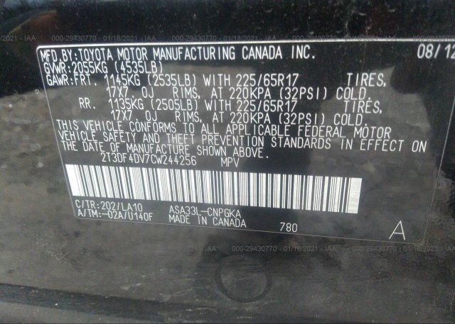 2T3DF4DV7CW244256 2012 TOYOTA RAV4