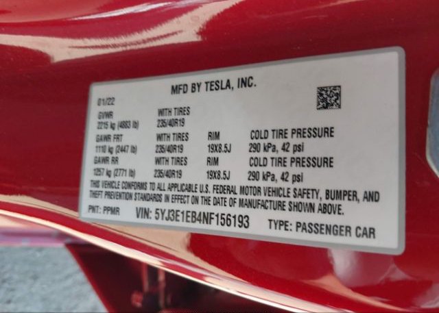 2022 TESLA MODEL 3(VIN: 5YJ3E1EB4NF156193