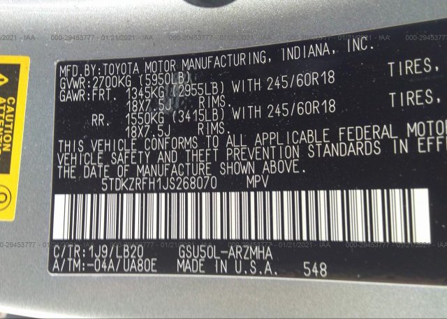 5TDKZRFH1JS268070 2018 TOYOTA HIGHLANDER
