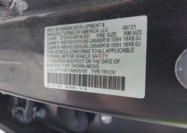 2021 HONDA RIDGELINE(VIN: 5FPYK3F77MB020165