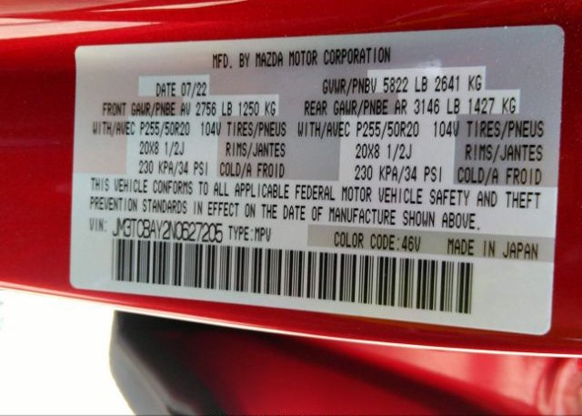 2022 MAZDA CX-9(VIN: JM3TCBAY2N0627205
