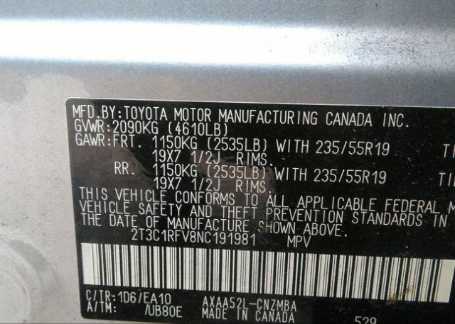 2022 TOYOTA RAV4(VIN: 2T3C1RFV8NC191981